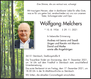 Traueranzeige von Wolfgang Melchers von FZ