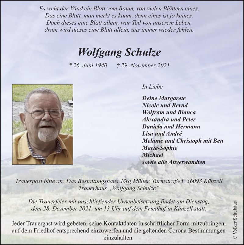  Traueranzeige für Wolfgang Schulze vom 22.12.2021 aus FZ