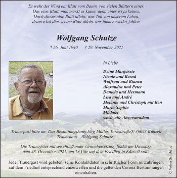 Traueranzeige von Wolfgang Schulze von FZ