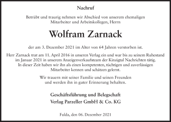 Traueranzeige von Wolfram Zarnack von FZ