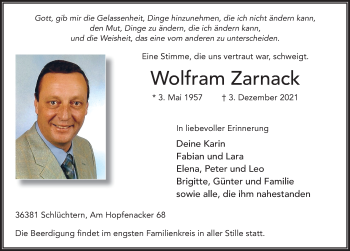 Traueranzeige von Wolfram Zarnack von FZ