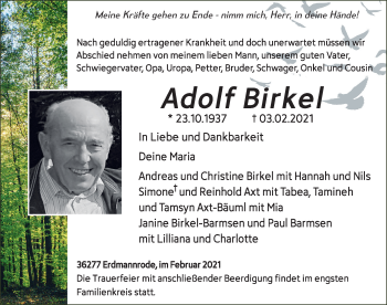 Traueranzeige von Adolf Birkel von FZ