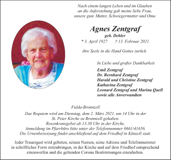 Traueranzeige von Agnes Zentgraf von FZ
