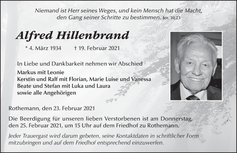  Traueranzeige für Alfred Hillenbrand vom 23.02.2021 aus FZ