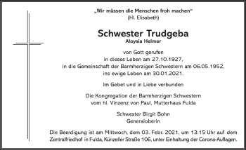 Traueranzeige von Aloysia Helmer von FZ