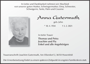 Traueranzeige von Anna Gutermuth von FZ