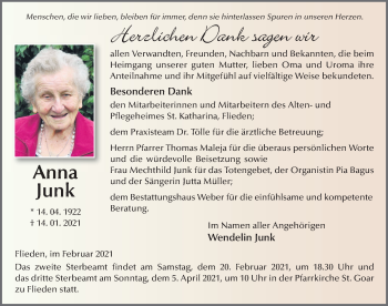 Traueranzeige von Anna Junk von FZ