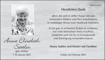 Traueranzeige von Anna Elisabeth Sattler von FZ