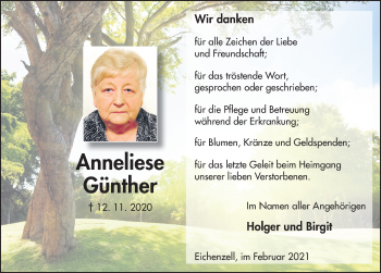Traueranzeige von Anneliese Günther von FZ