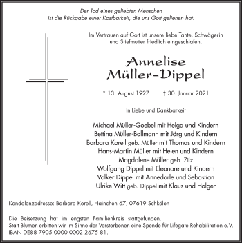 Traueranzeige von Annelise Müller-Dippel von FZ