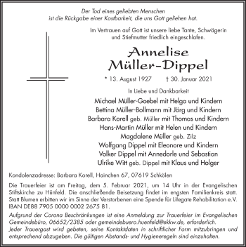 Traueranzeige von Annelise Müller-Dippel von FZ
