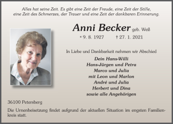 Traueranzeige von Anni Becker von FZ