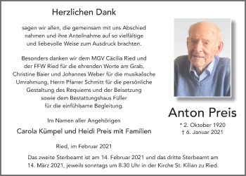 Traueranzeige von Anton Preis von FZ