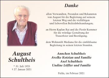 Traueranzeige von August Schultheis von FZ