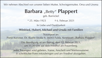 Traueranzeige von Barbara Plappert von FZ