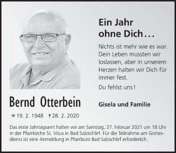 Traueranzeige von Bernd Otterbein von FZ