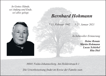 Traueranzeige von Bernhard Hohmann von FZ