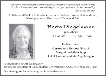 Traueranzeige von Berta Diegelmann von FZ