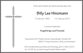 Traueranzeige von Billy Lee Hinzmann von FZ
