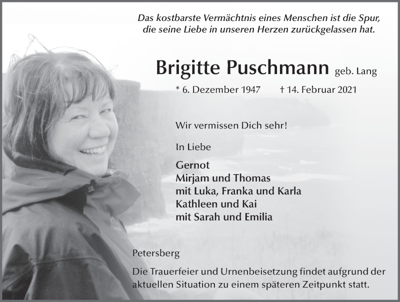  Traueranzeige für Brigitte Puschmann vom 20.02.2021 aus FZ