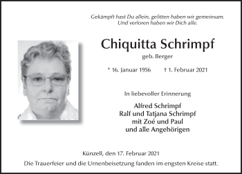 Traueranzeige von Chiquitta Schrimpf von FZ