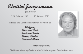 Traueranzeige von Christel Jungermann von FZ