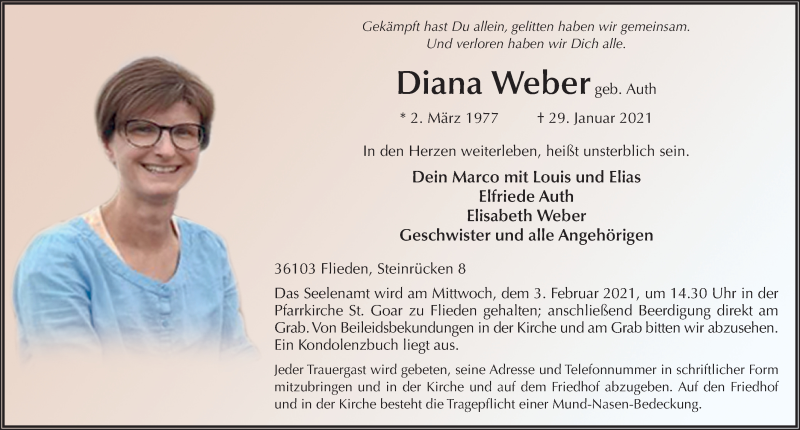  Traueranzeige für Diana Weber vom 01.02.2021 aus FZ