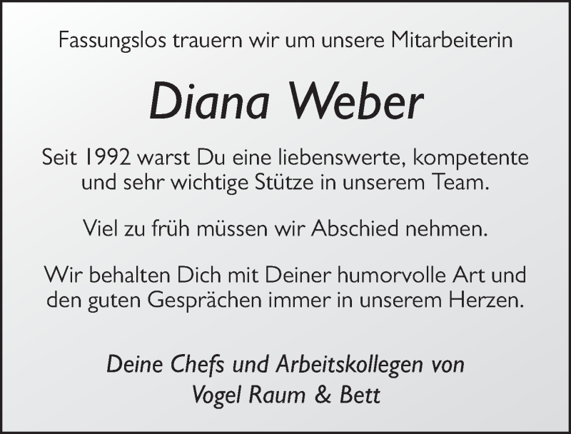  Traueranzeige für Diana Weber vom 03.02.2021 aus FZ