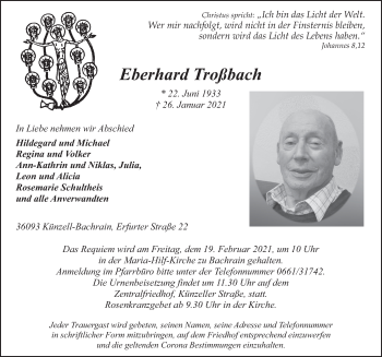 Traueranzeige von Eberhard Troßbach von FZ