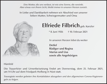 Traueranzeige von Elfriede Filbrich von FZ