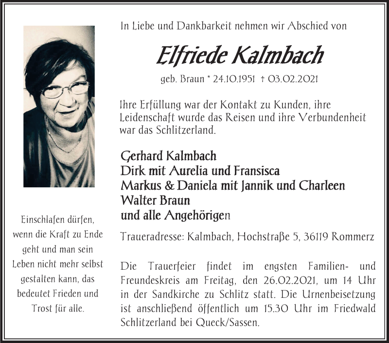  Traueranzeige für Elfriede Kalmbach vom 13.02.2021 aus FZ