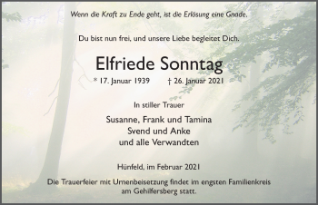 Traueranzeige von Elfriede Sonntag von FZ