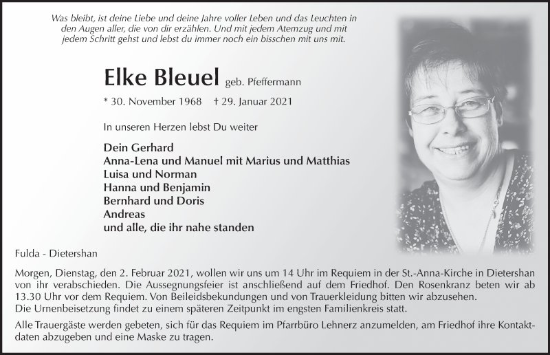  Traueranzeige für Elke Bleuel vom 01.02.2021 aus FZ