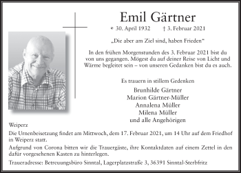 Traueranzeige von Emil Gärtner von FZ