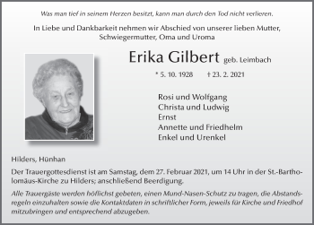 Traueranzeige von Erika Gilbert von FZ