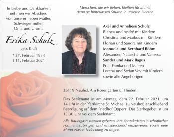 Traueranzeige von Erika Schulz von FZ