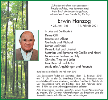 Traueranzeige von Erwin Hanzog von FZ