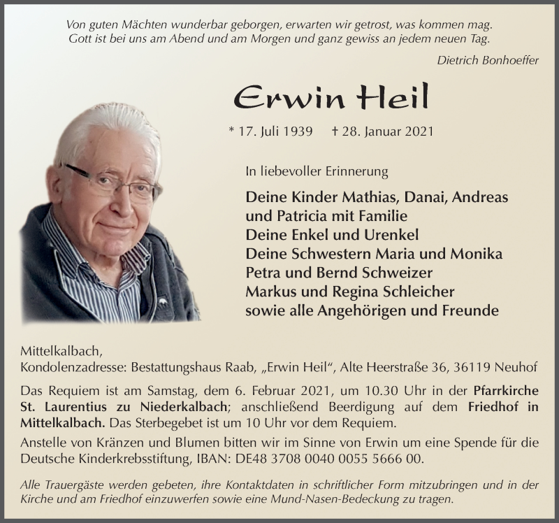  Traueranzeige für Erwin Heil vom 03.02.2021 aus FZ