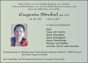 Traueranzeige von Eugenia Strobel von FZ