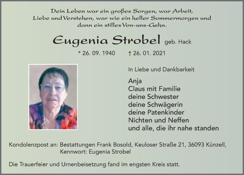  Traueranzeige für Eugenia Strobel vom 13.02.2021 aus FZ