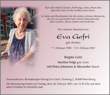 Traueranzeige von Eva Gefri von FZ