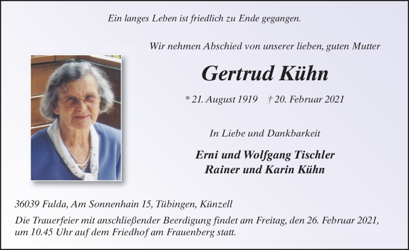  Traueranzeige für Gertrud Kühn vom 25.02.2021 aus FZ