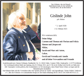Traueranzeige von Gislinde John von FZ