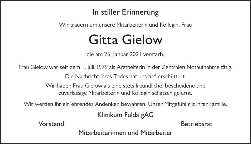  Traueranzeige für Gitta Gielow vom 05.02.2021 aus FZ