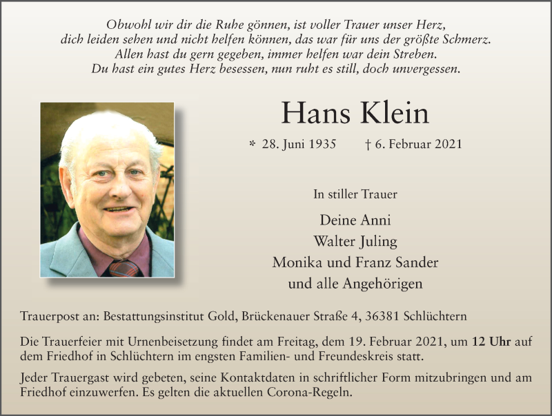  Traueranzeige für Hans Klein vom 13.02.2021 aus FZ