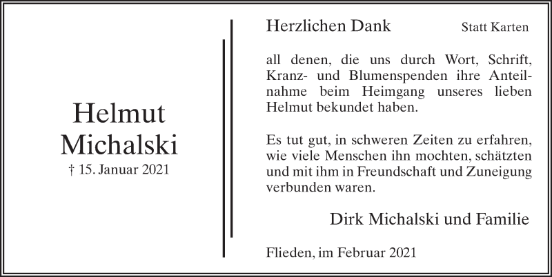  Traueranzeige für Helmut Michalski vom 06.02.2021 aus FZ