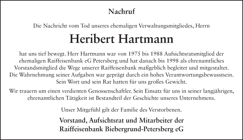  Traueranzeige für Heribert Hartmann vom 09.02.2021 aus FZ