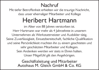 Traueranzeige von Heribert Hartmann von FZ