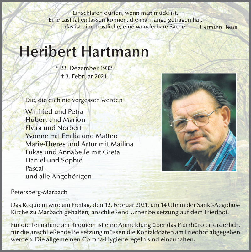  Traueranzeige für Heribert Hartmann vom 09.02.2021 aus FZ