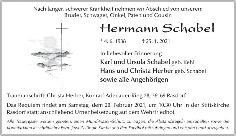  Traueranzeige für Hermann Schabel vom 18.02.2021 aus FZ